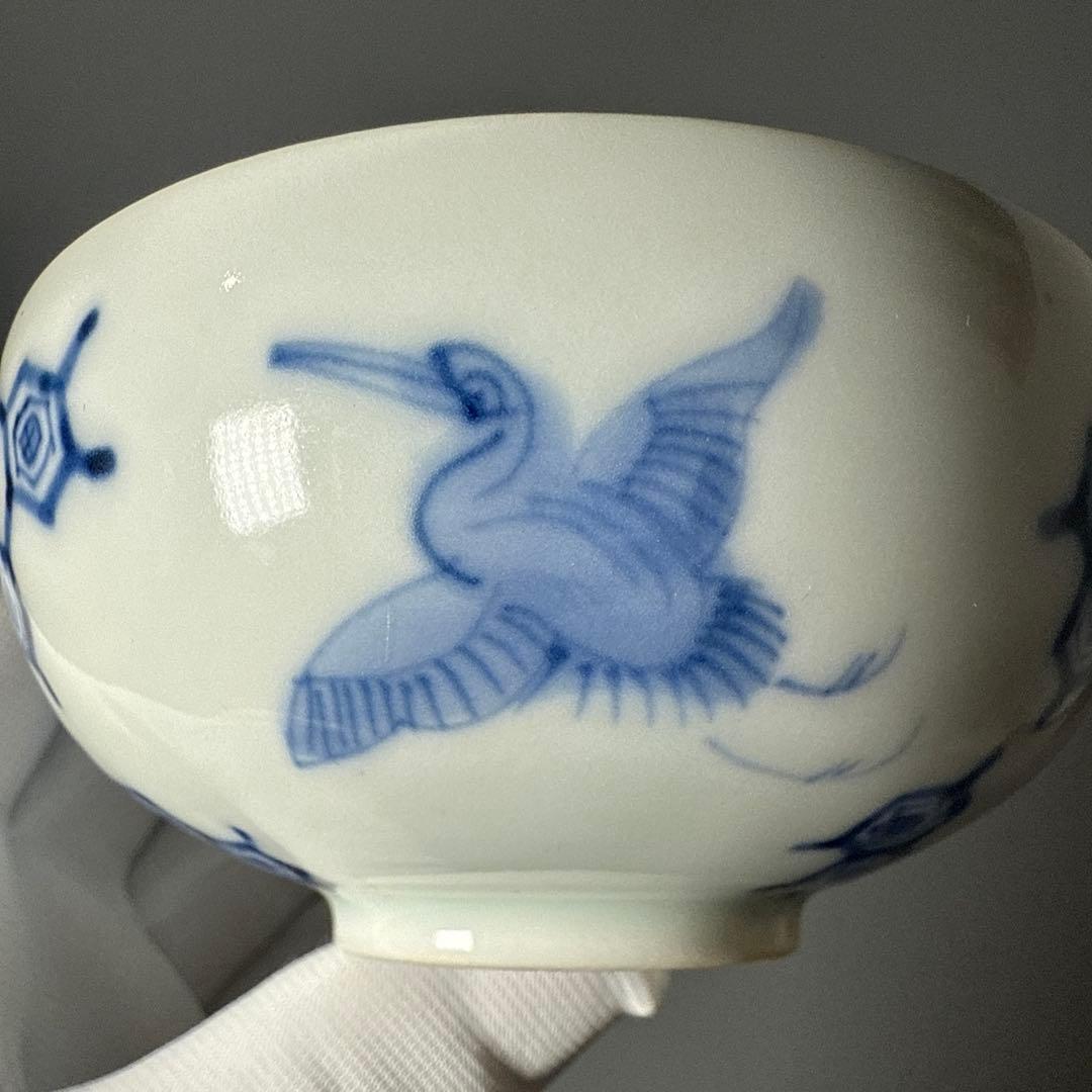 古平戸　染付鶴文様茶碗　五客　特注仕立箱　汲み出し　江戸後期〜明治期　古伊万里