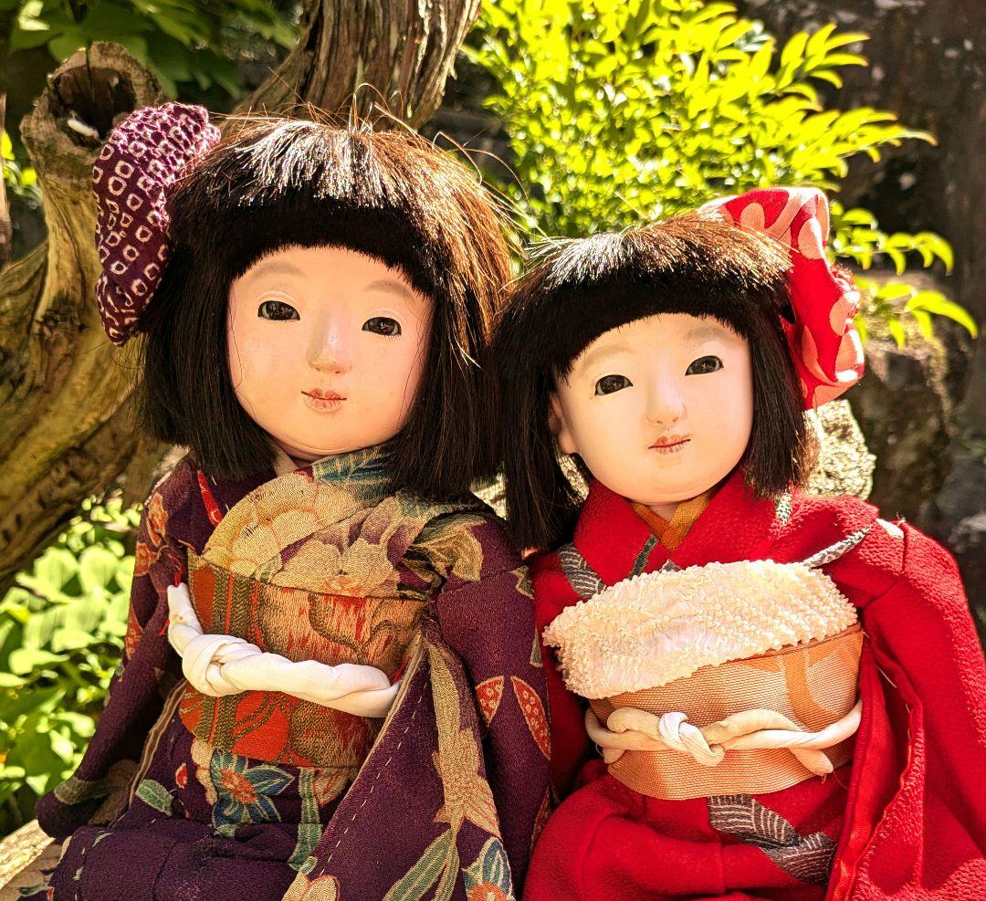 2*r様 昭和初期　正絹縮緬　市松人形 ２体 伝統工芸品 紫 赤　ビスクドール