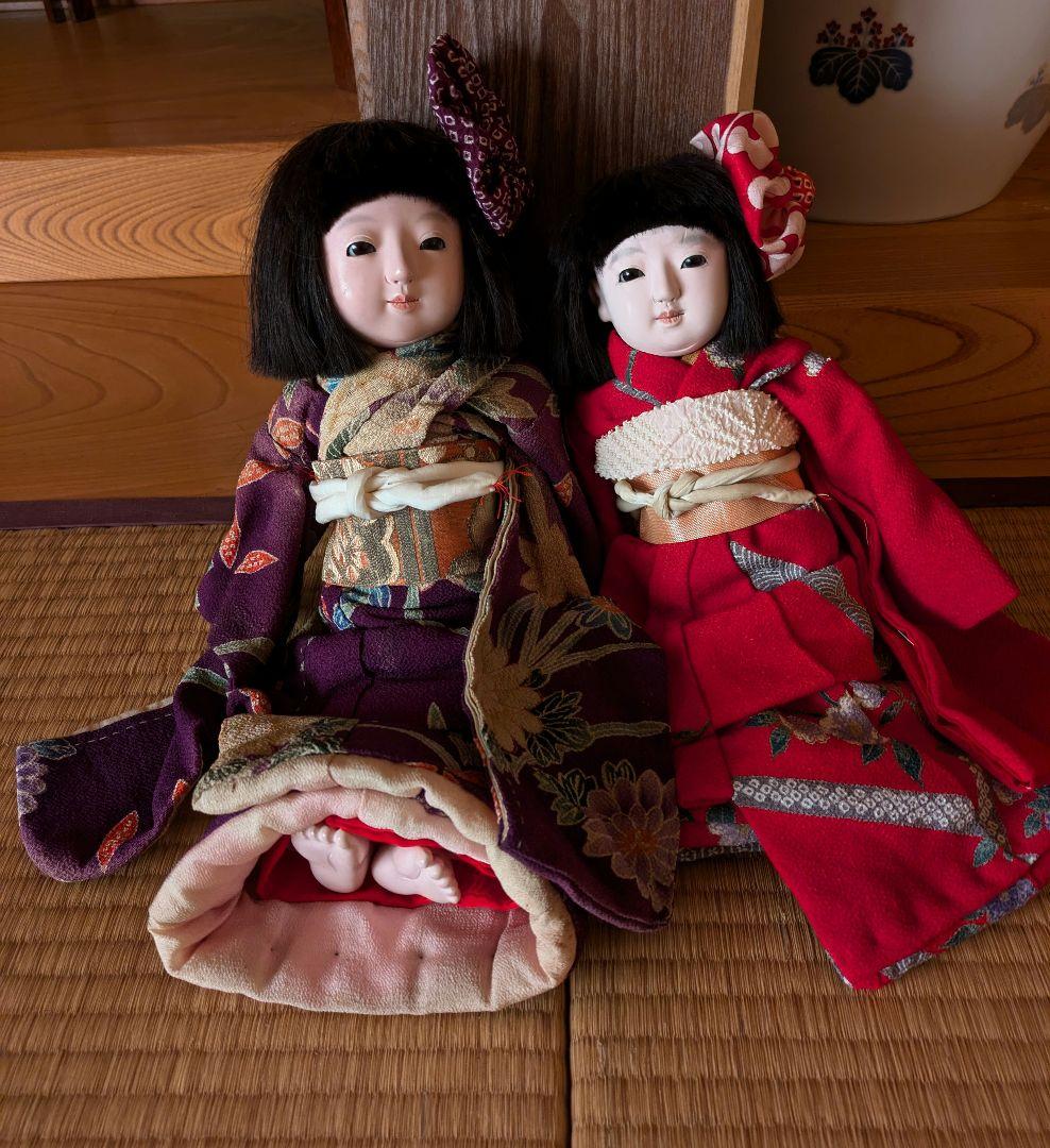 2*r様 昭和初期　正絹縮緬　市松人形 ２体 伝統工芸品 紫 赤　ビスクドール