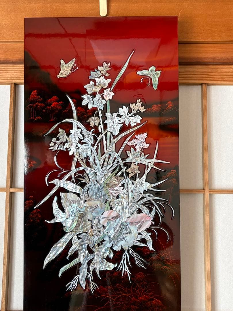 螺鈿　漆器アート 4枚セット 花と蝶