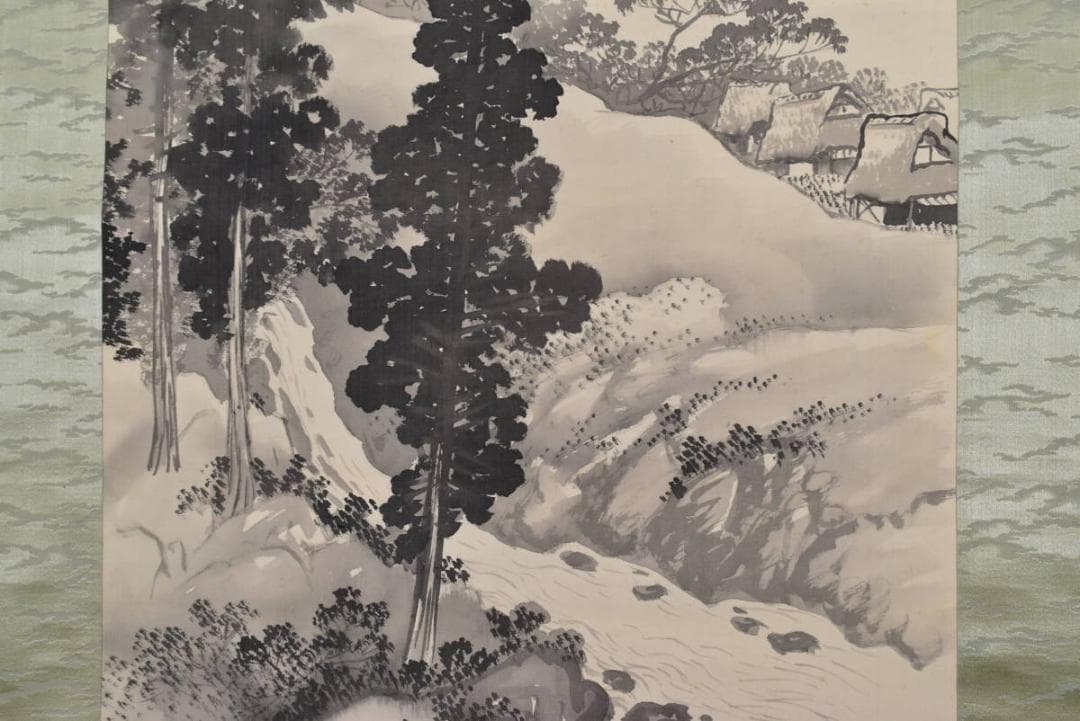 【真作】湖堂/山村図/掛軸☆宝船☆AB-70