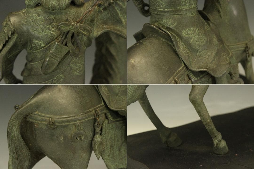 銅 馬上武人 置物 台座付 高42.5cm(LC414)