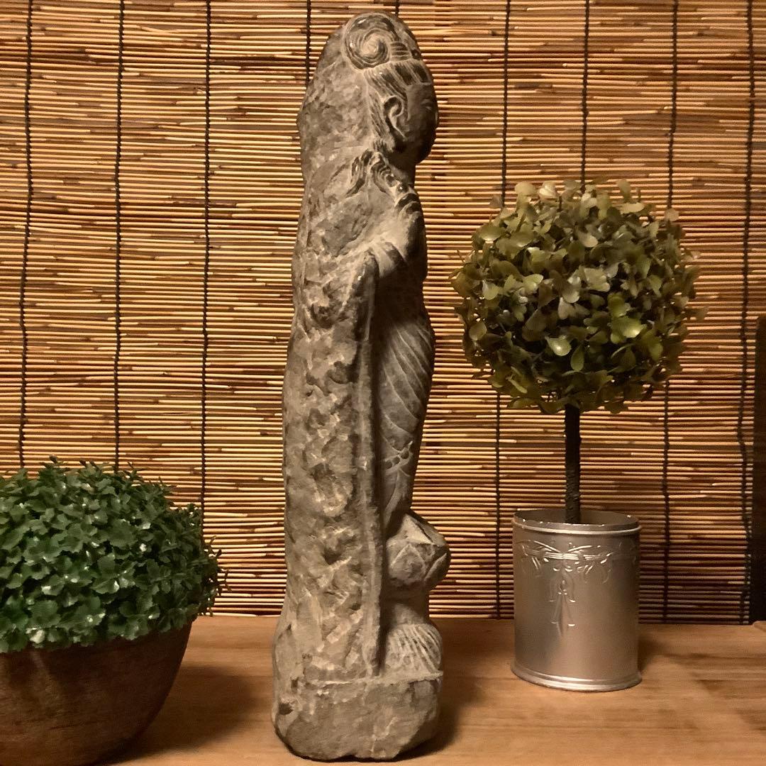 中国魏國「大魏・菩薩立像」南北朝時代・北斎・北魏様式・黒曜石・年号刻字彫