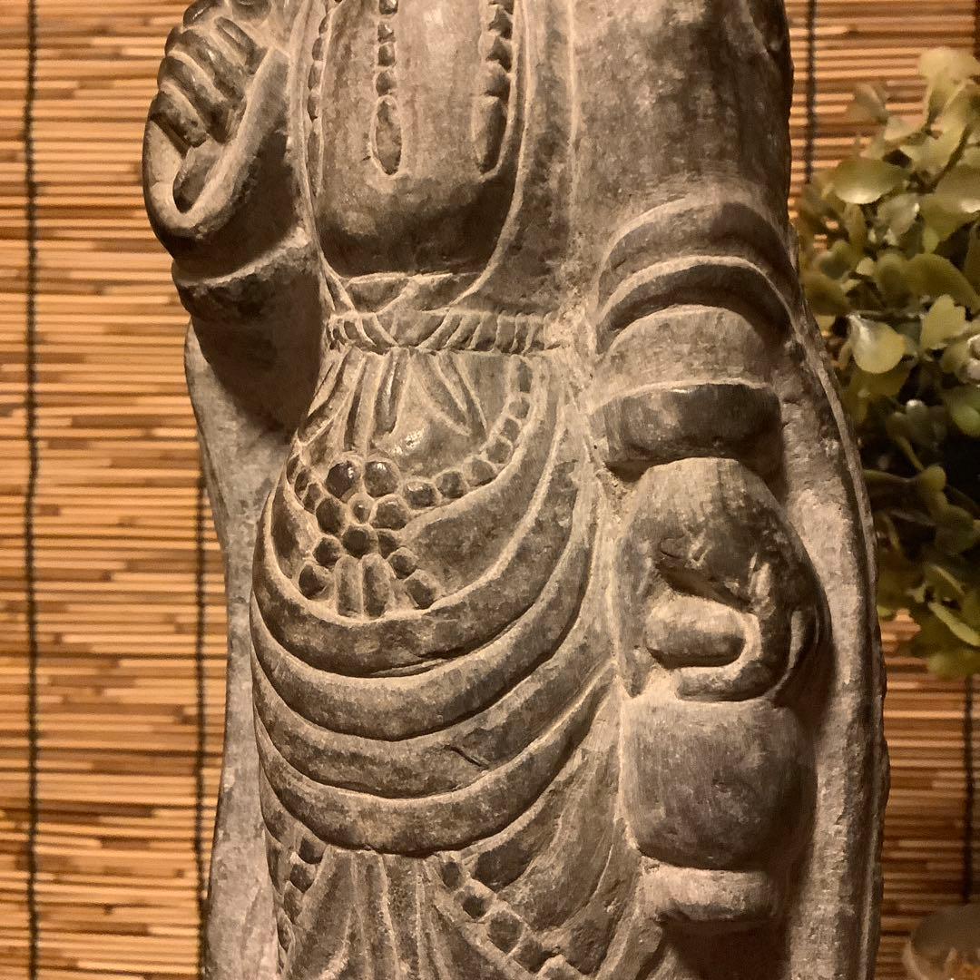 中国魏國「大魏・菩薩立像」南北朝時代・北斎・北魏様式・黒曜石・年号刻字彫