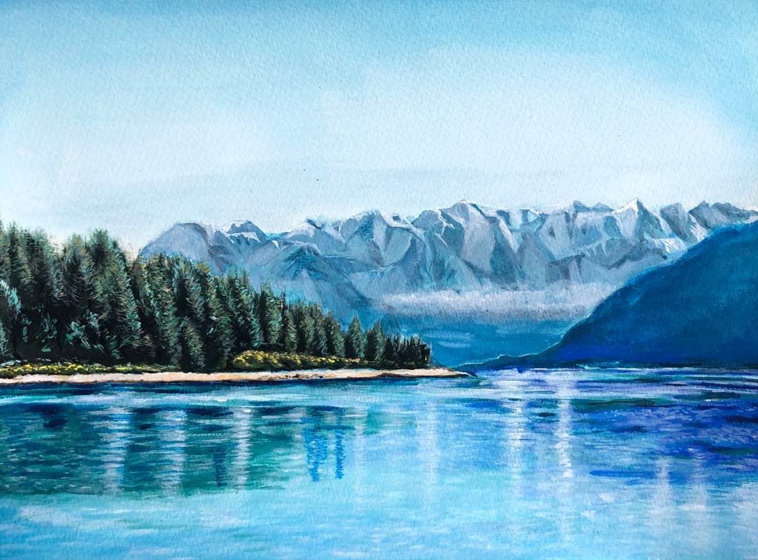 #風景画　#アクリル画 #山と湖の風景(#原画、1点もの)