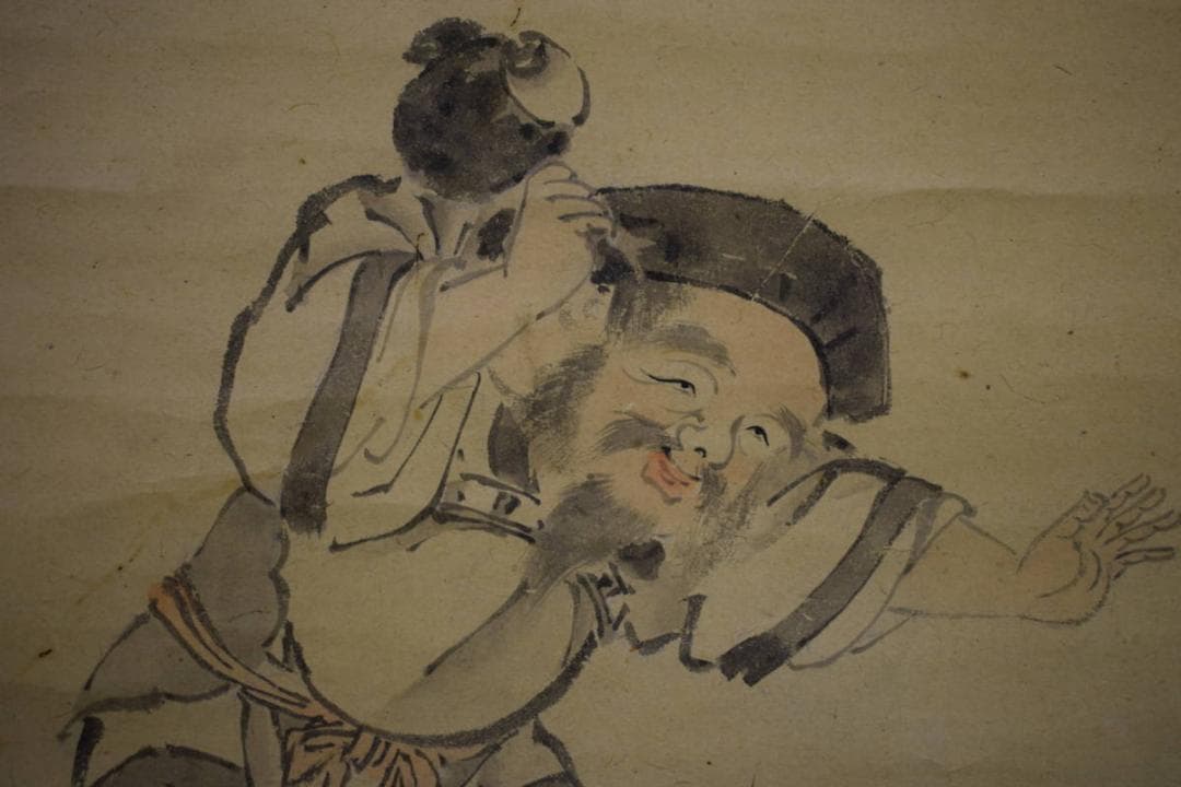 真作/画）森村冝稲/恵比須大黒画賛/絹表装/布袋屋掛軸HJ-284