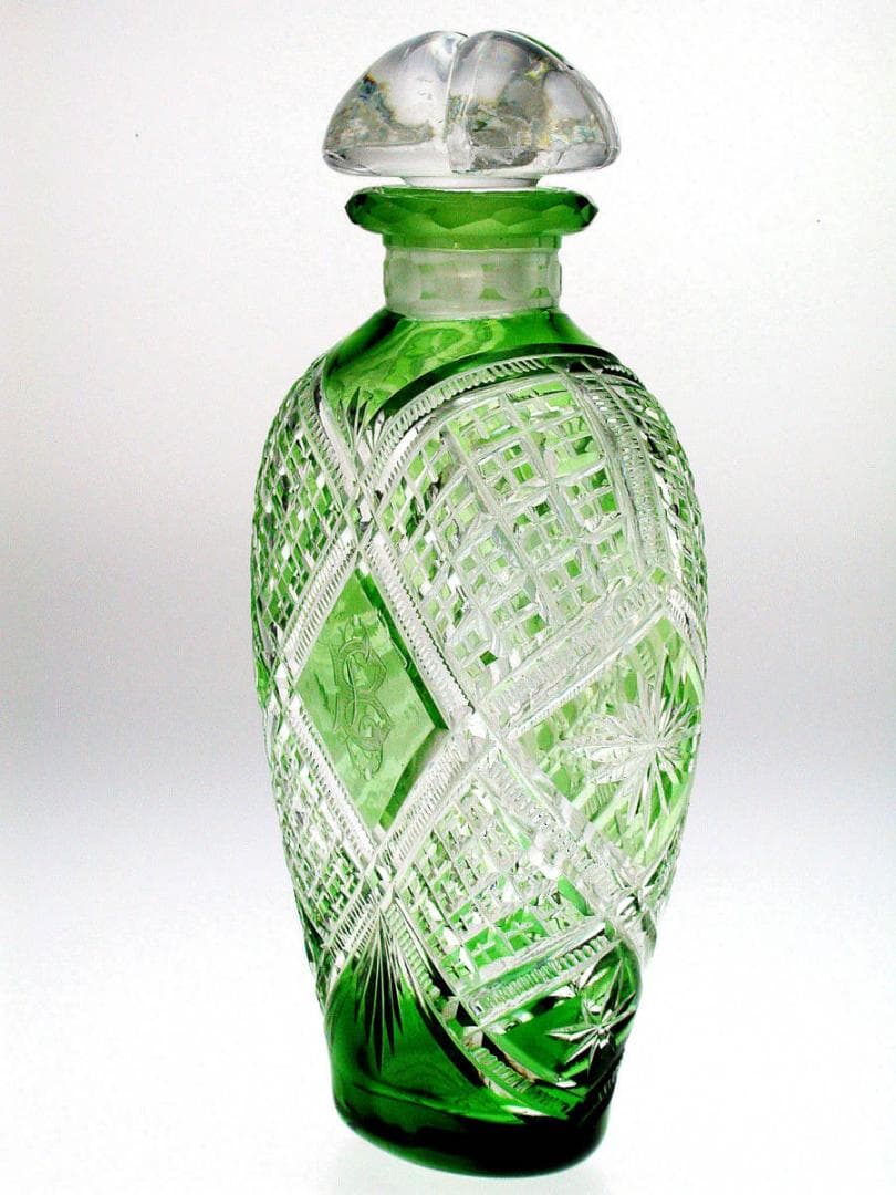 【超稀有】1880-年製 アンティーク オールドバカラ・碧硝子切子装飾ボトル