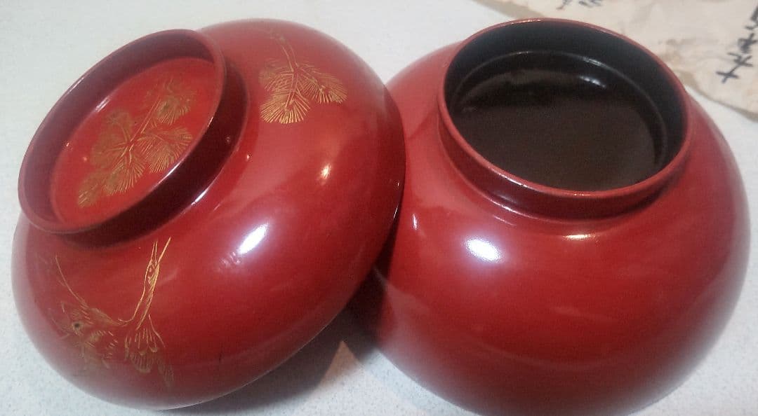 明治31年赤漆金彩椀 箱書付き/Meiji 1898 Lacquer Bowls