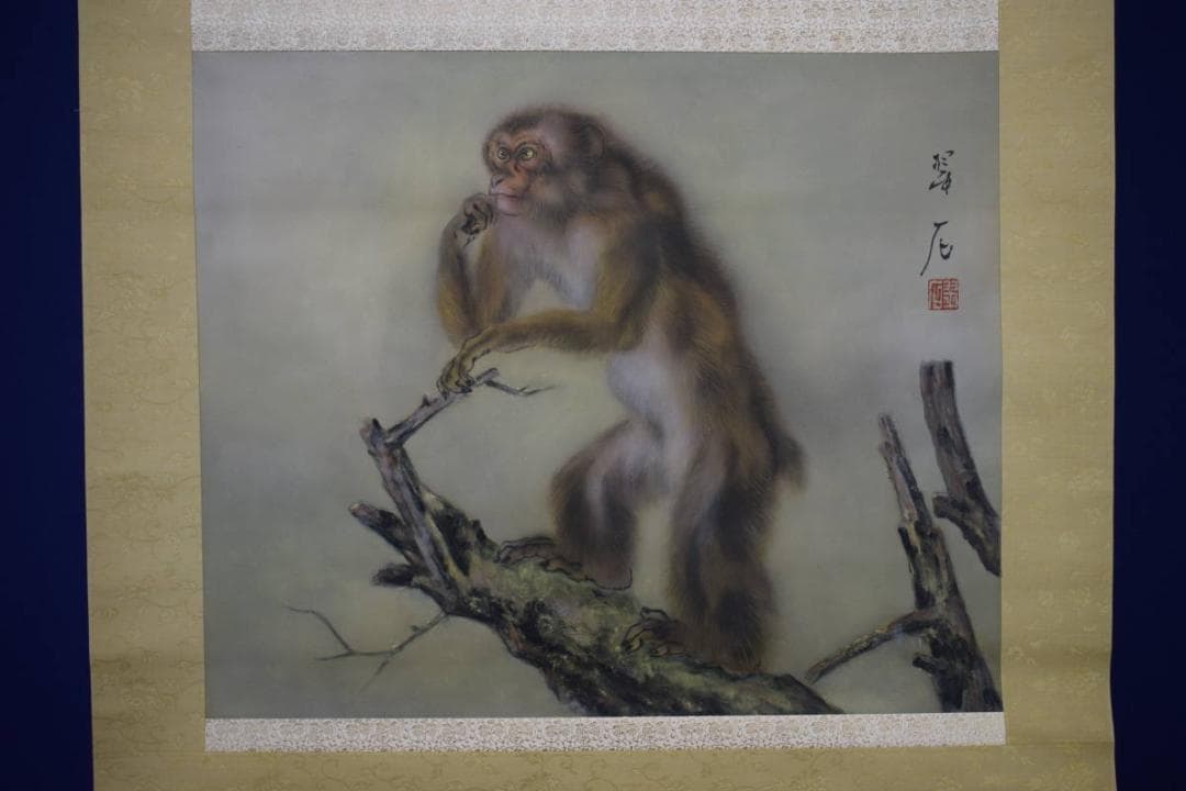 模写/大橋翠石/花木に猿図/桐共箱二重箱付/ 布袋屋掛軸HE-932