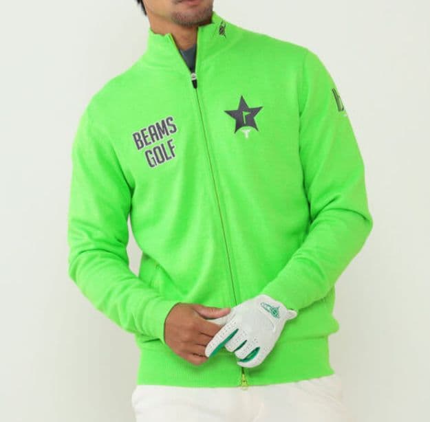 BEAMS GOLF スターフラッグロゴ ツアー 裏地付き ニット ブルゾン