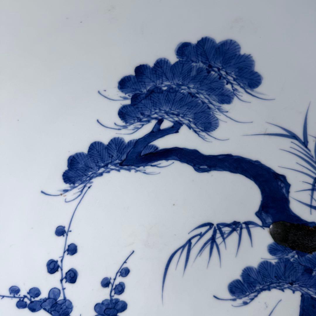 後期鍋島　染付松竹梅大皿　江戸期　三方兜唐花文　高台櫛目文　34cm　蒐集家旧蔵