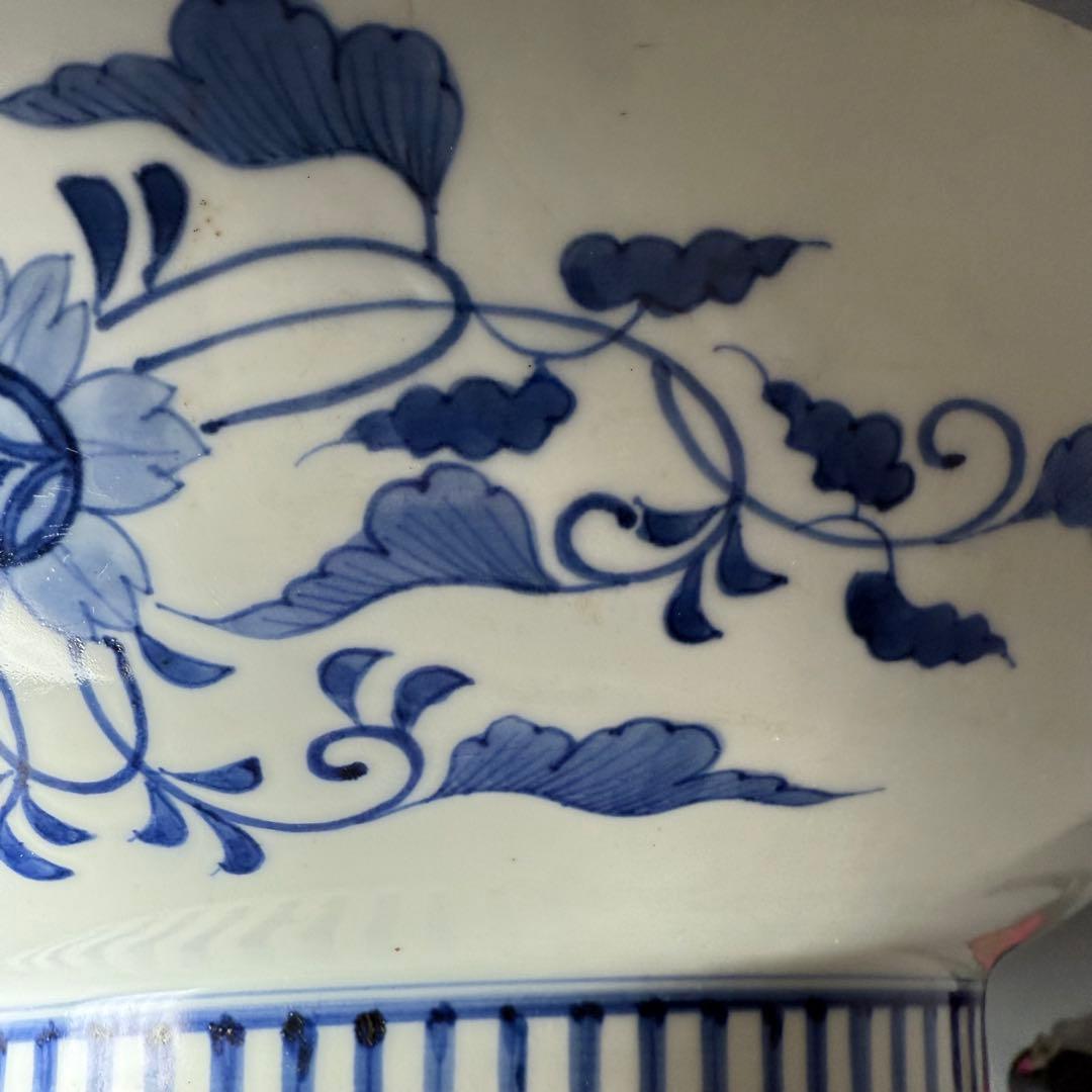 後期鍋島　染付松竹梅大皿　江戸期　三方兜唐花文　高台櫛目文　34cm　蒐集家旧蔵