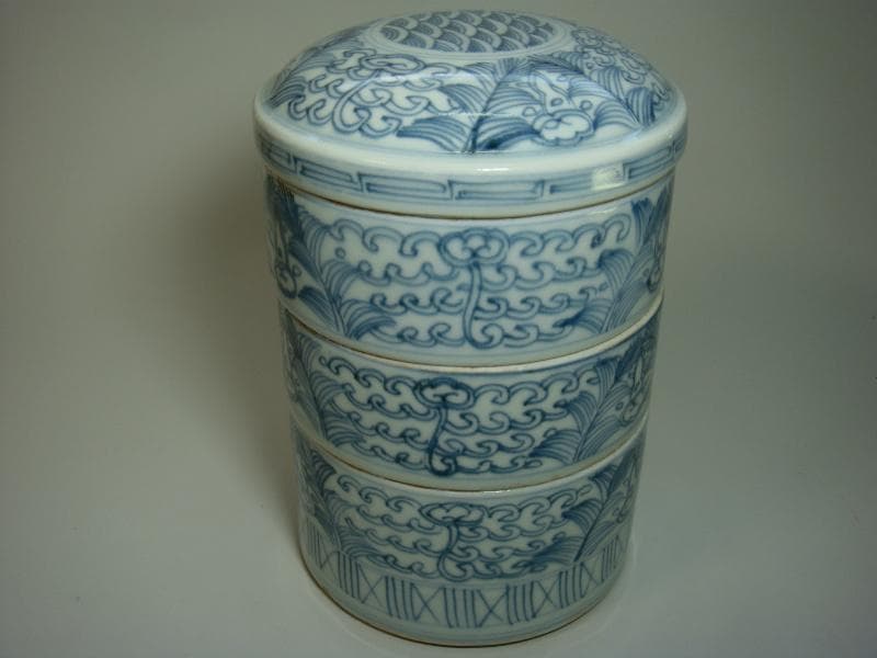 鉢■古伊万里 古い染付三段重 青海波文様 重鉢 花唐草 古陶磁器 時代物 骨董■