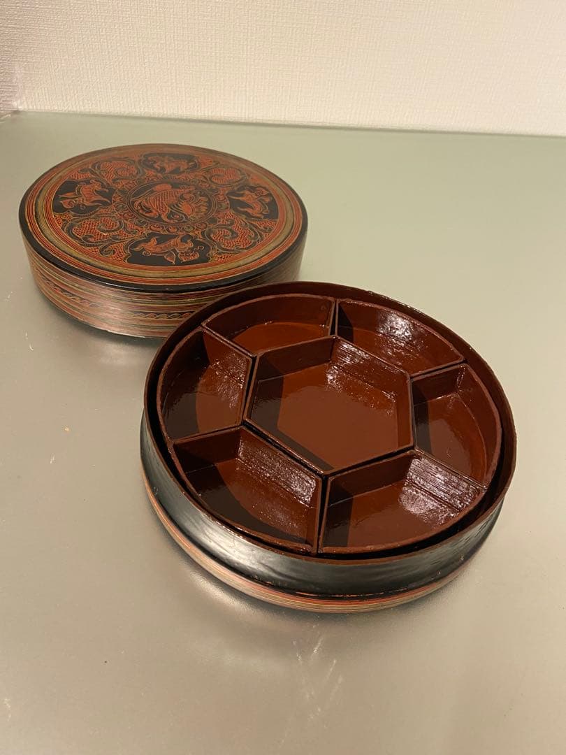 ビルマ（ミャンマー）1970年代 漆芸 重箱 手描き装飾文様 円形蓋物