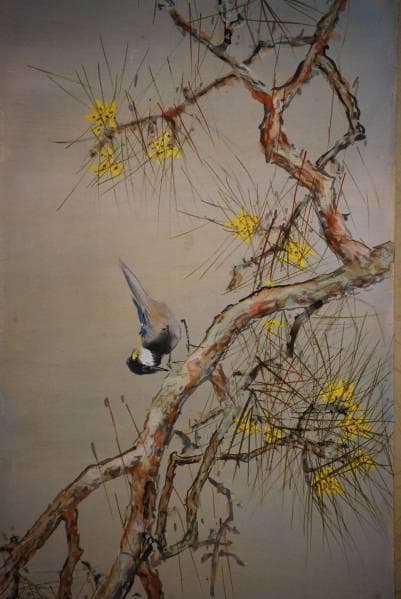 真作/東原方僊/松に小禽図/布袋屋掛軸HB-947