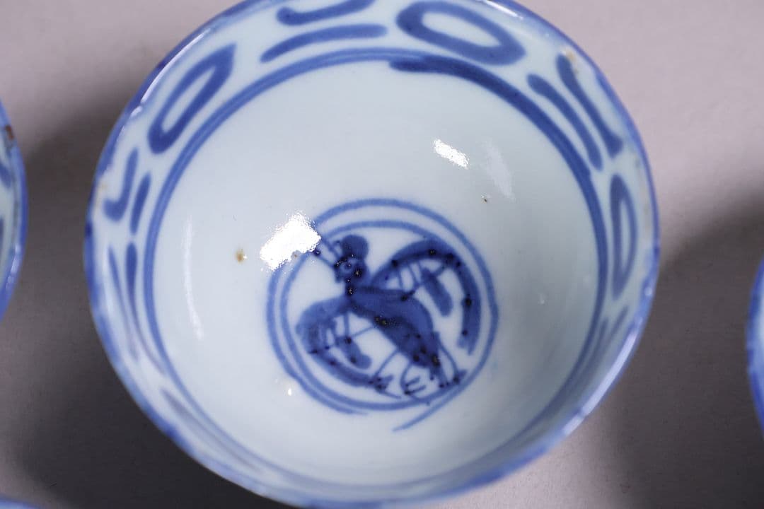 中国 染付 煎茶椀 五客 山水 鳥図 茶器 陶磁器 【MA581】