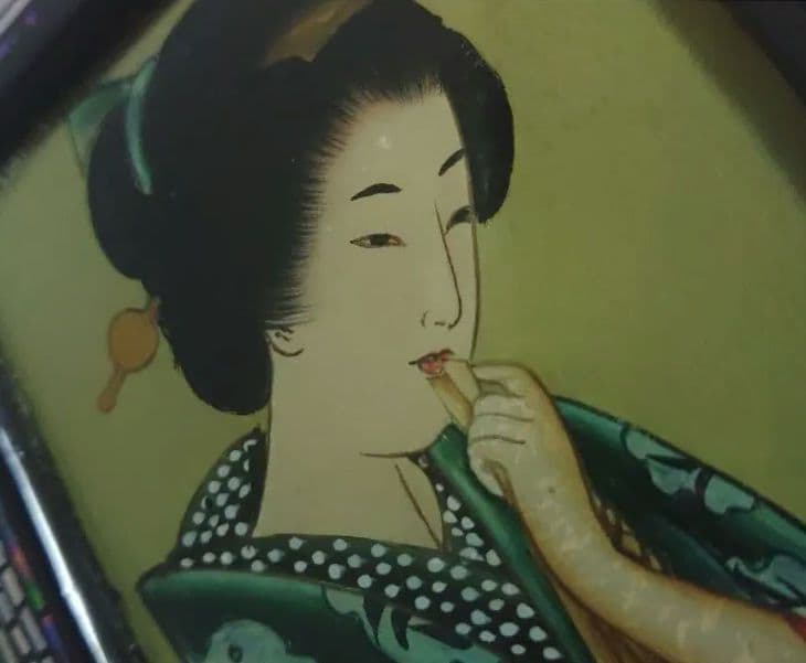 小箱　硝子絵　宝石箱　煙草入れ　漆絵　美人画　葡萄栗鼠　螺鈿　木製　ミ10