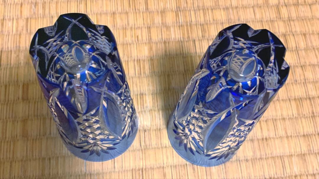 江戸切子 木箱入クリスタルガラス 伝統工芸士作 一口ビール 2個セット未使用