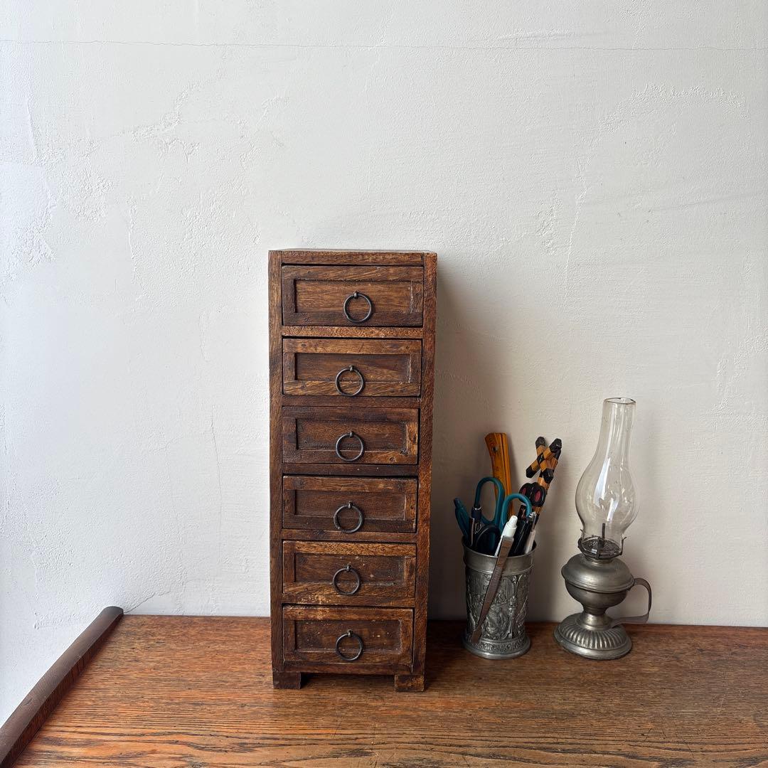 木製 引き出し 6杯 縦長 インド アジアン家具 小物入れ ミニ箪笥 チェスト