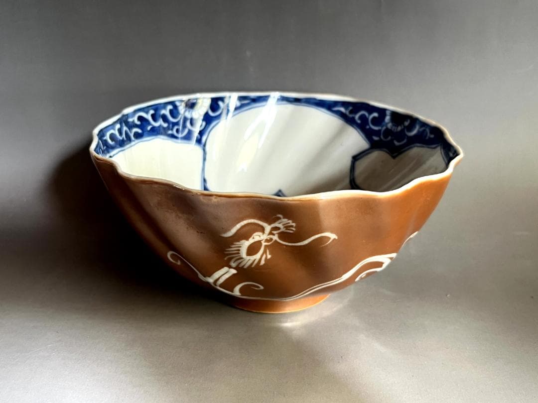 鉢■内染付唐草紋外茶釉龍紋捻り型大鉢 江戸期 菓子器 古美術 時代物 骨董品■