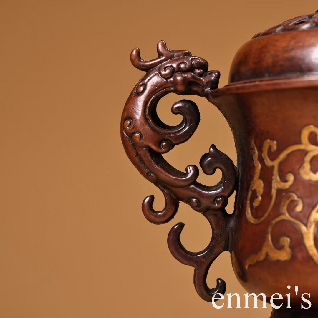 中国古美術・旧藏銅鎏金鎏金双龍台座付き香炉・線香炉・純紫銅・純手作り・文房置物