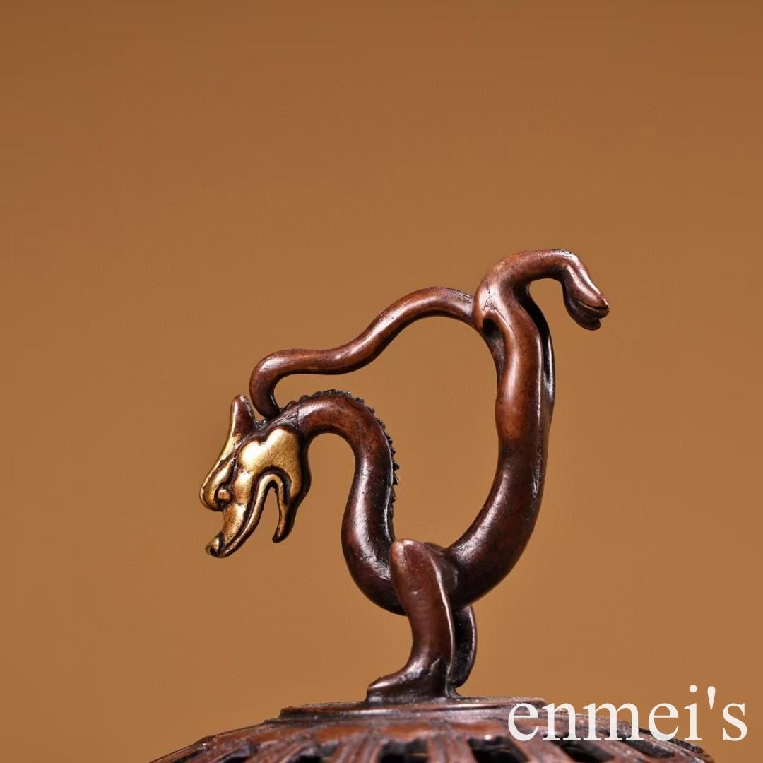 中国古美術・旧藏銅鎏金鎏金双龍台座付き香炉・線香炉・純紫銅・純手作り・文房置物