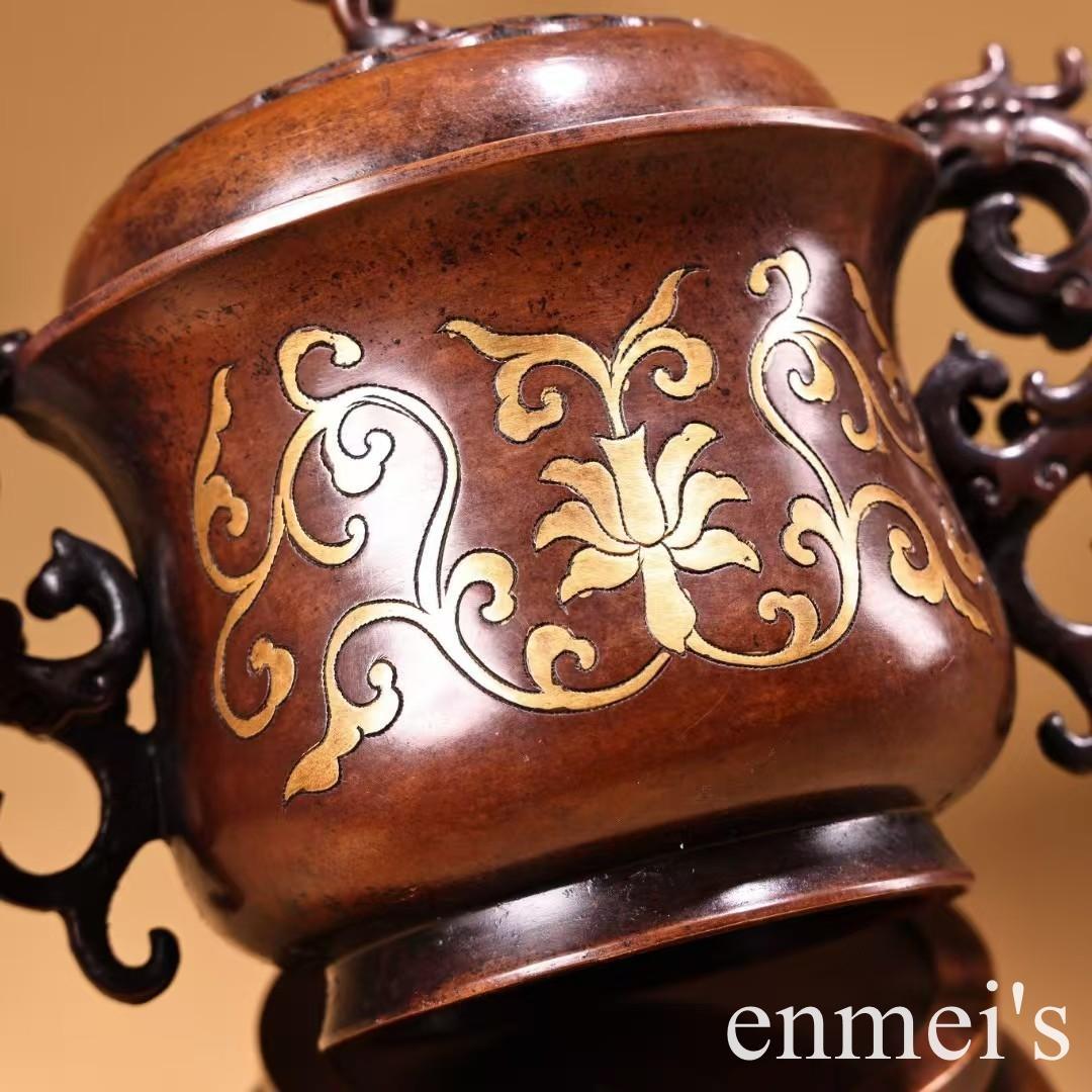 中国古美術・旧藏銅鎏金鎏金双龍台座付き香炉・線香炉・純紫銅・純手作り・文房置物