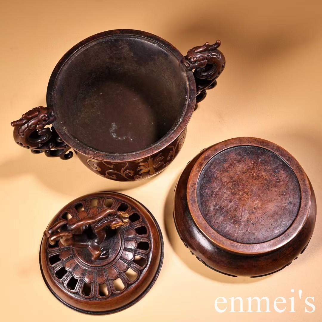 中国古美術・旧藏銅鎏金鎏金双龍台座付き香炉・線香炉・純紫銅・純手作り・文房置物