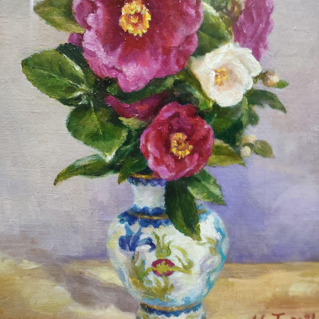 真作油絵 一水会準会員 豊田満春「静物（椿）」F3号 銀色豪華額装 2021年作