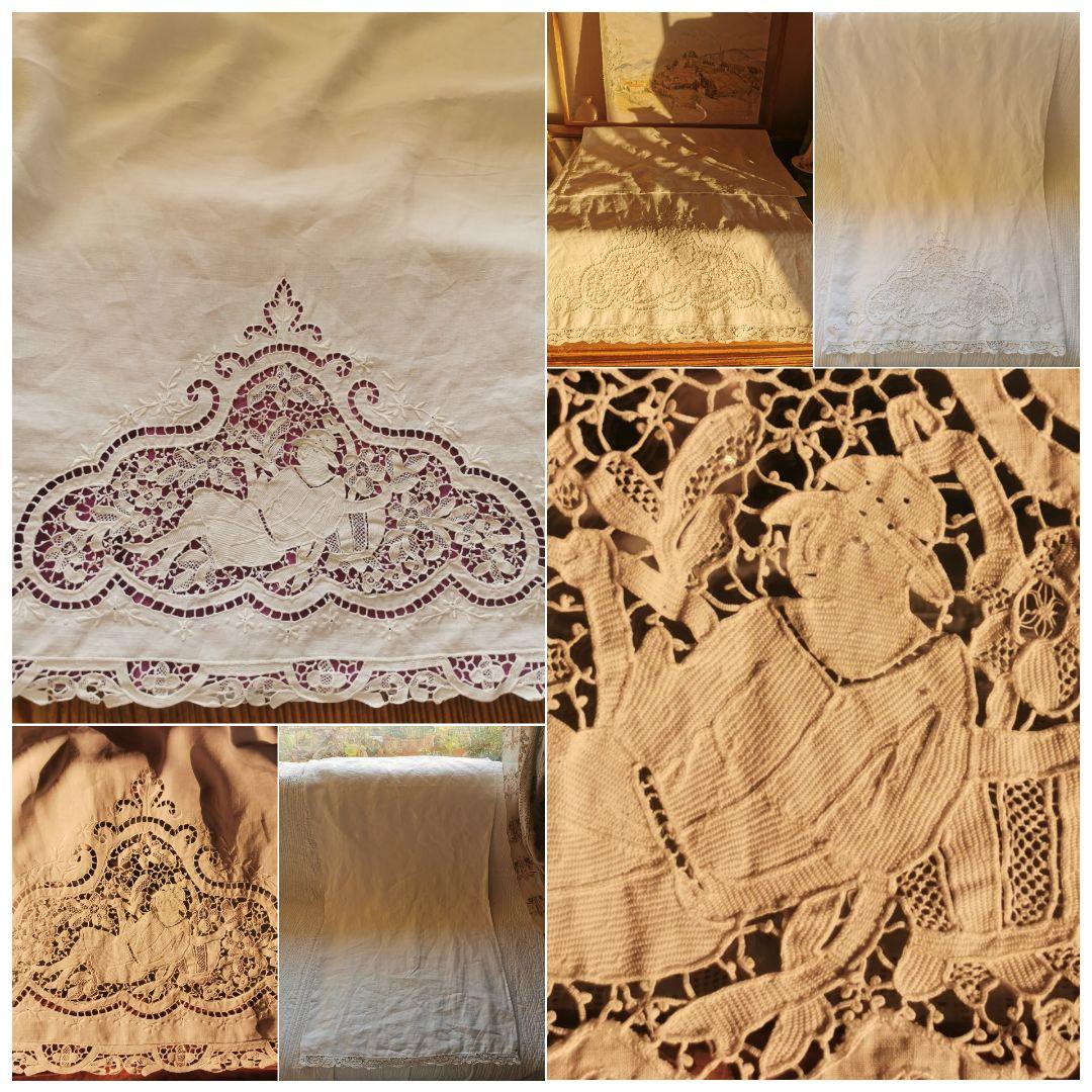 アンティーク ポワンドヴェニス 花籠にもたれる人 ボビンレース二重タオル ケース