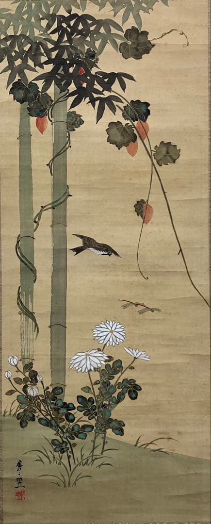 鈴木其一　肉筆　絹本　掛軸　識箱　2重箱 (左／蜻蛉を追う雀)（右／蝶を追う燕）