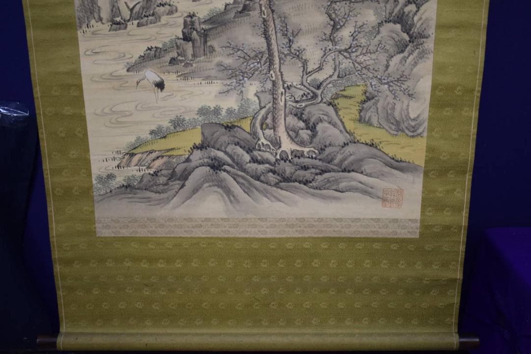 真作/風外和尚/山主/山水鶴画賛/布袋屋掛軸HI-87