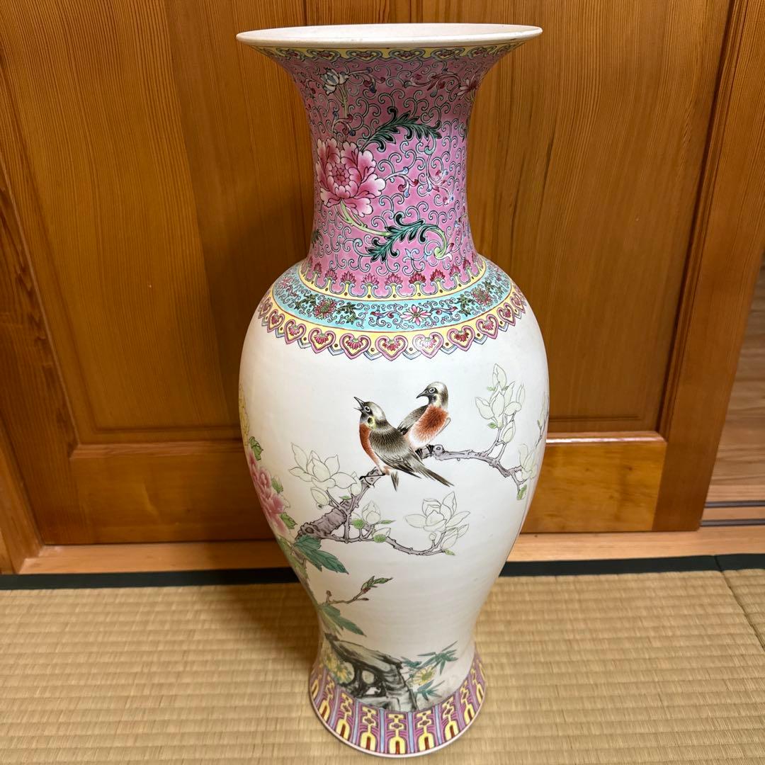 陶磁器製 花瓶 花と鳥の絵柄