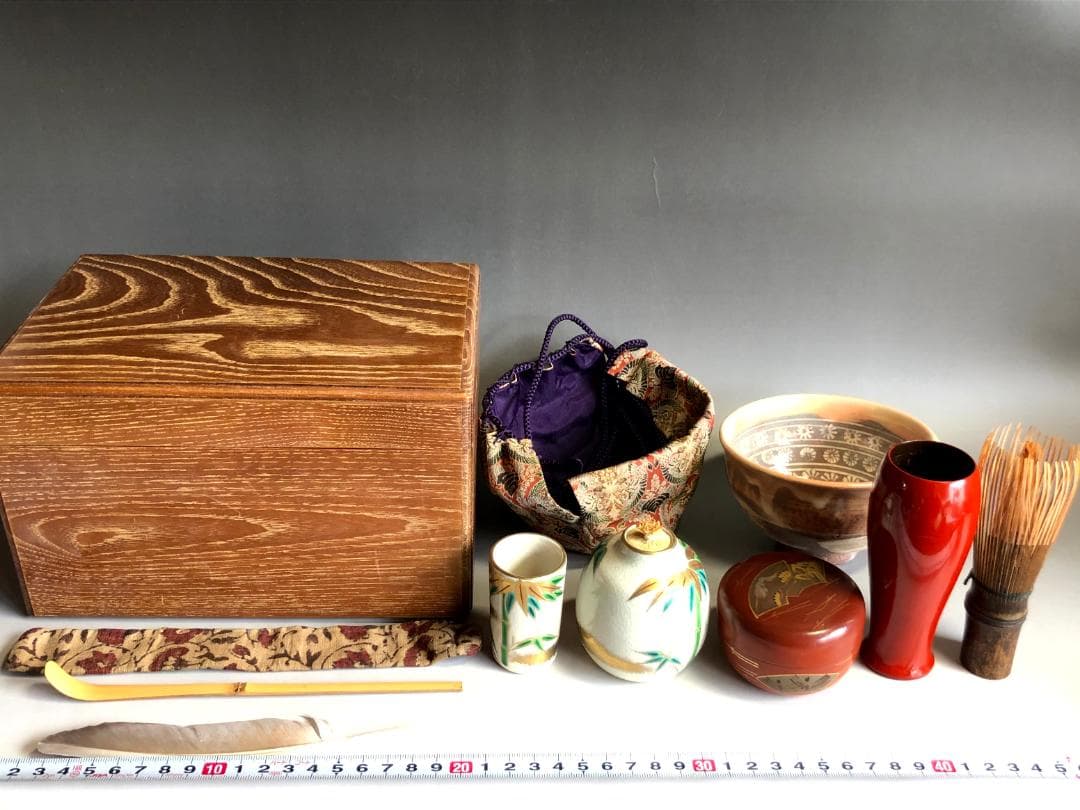 茶箱■お茶道具セット 利休茶箱 京焼 刷毛目茶碗 朱塗り棗 8点 時代物 骨董■