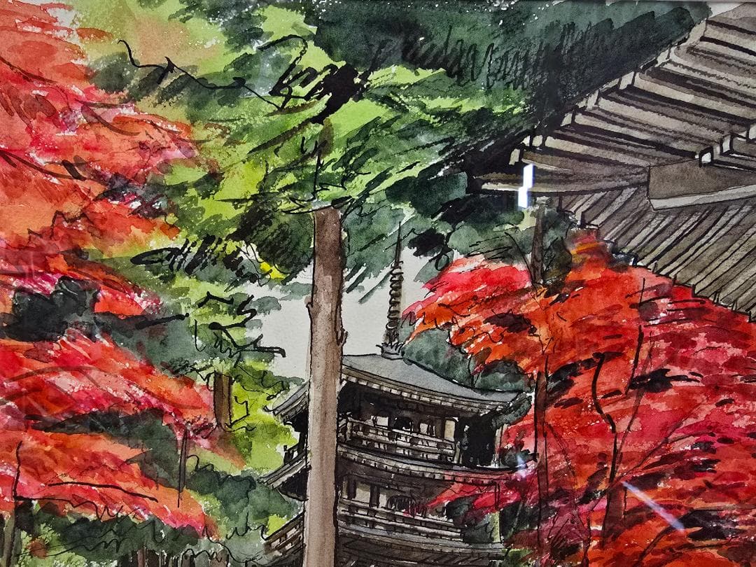 M▽野々村晃 水彩 絵画 額縁 紅葉 寺 (38227)