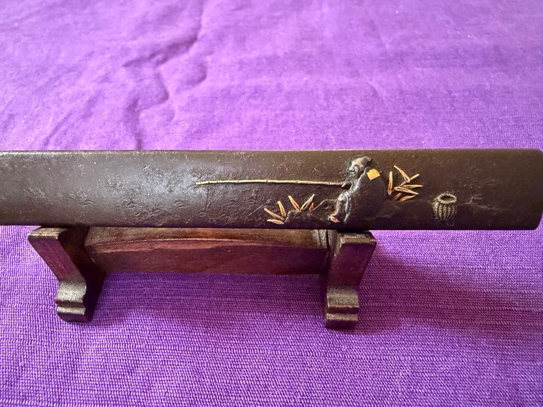 江戸後期　鉄地棒小柄象嵌色絵　太公望図　鞘付珍品（日本刀装具小刀目貫鐔鐔拵笄馬針