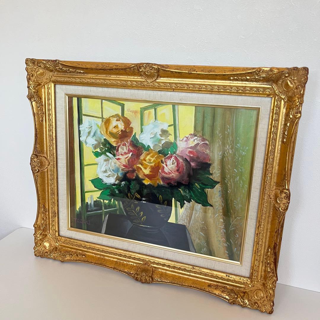 真作　肉筆油絵　窓辺のバラ　田崎順平　F6 額縁　花