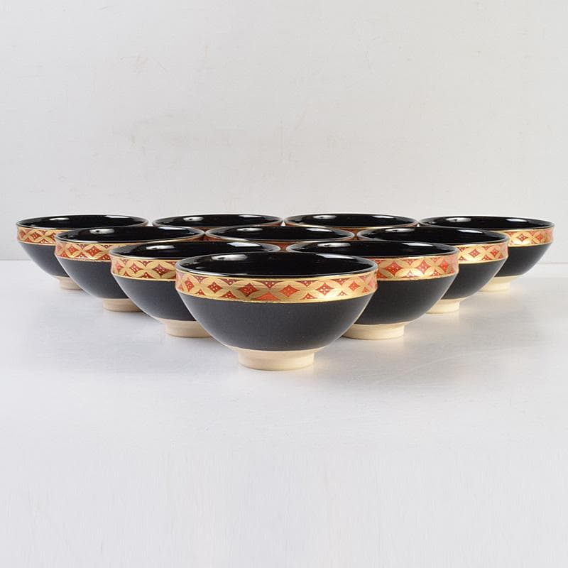 茶道具　京焼　平安景雲造　黒仁清七宝文　数茶碗　十客　共箱　M　R9315B