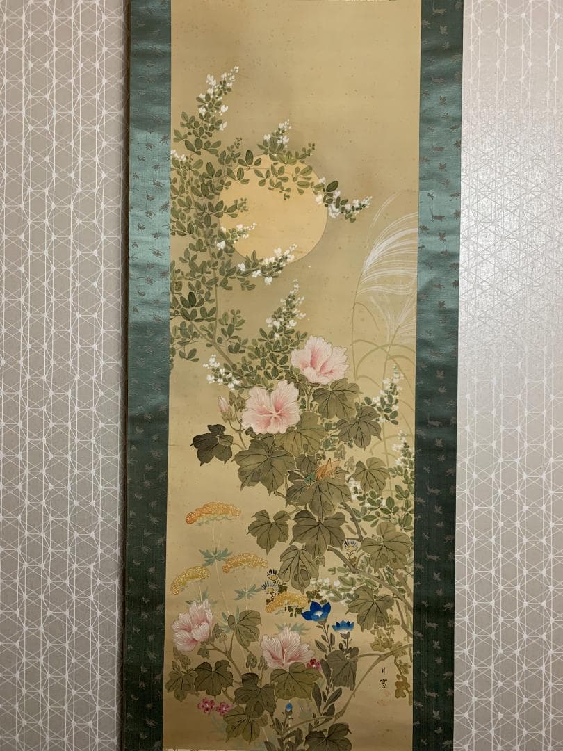 谷口月窓 月に萩 秋草花に飛蝗図 絹本 肉筆 掛軸 日本画 幕末期 896