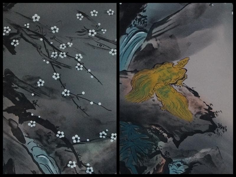 江戸期 狩野芳崖作『寿老鶴亀之図』肉筆 新作 絹本 日本画家作品 掛軸 共箱