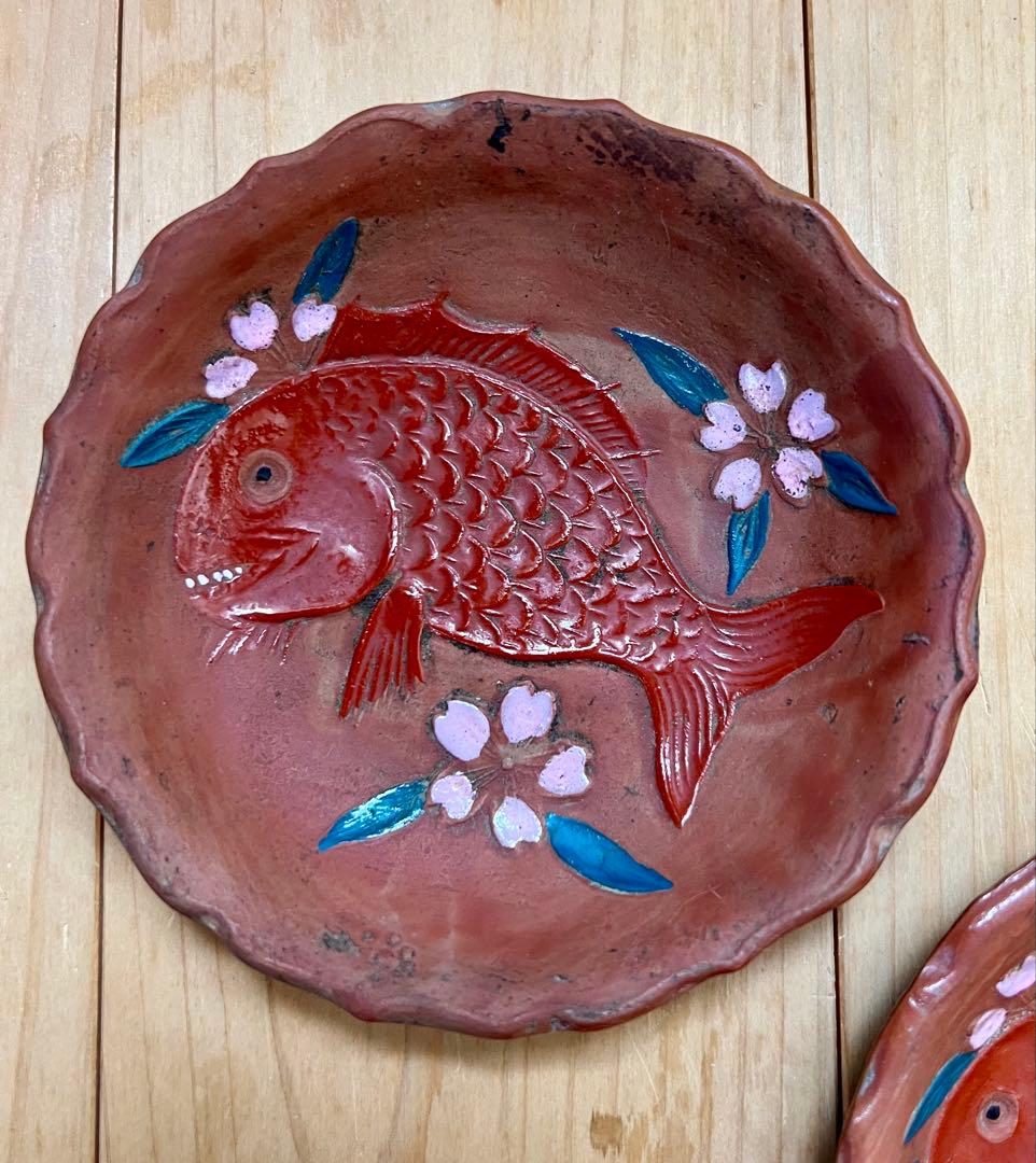 せんべい皿　鯛の図B 5枚セット　絵備前　色備前　備前焼　小皿　アンティーク