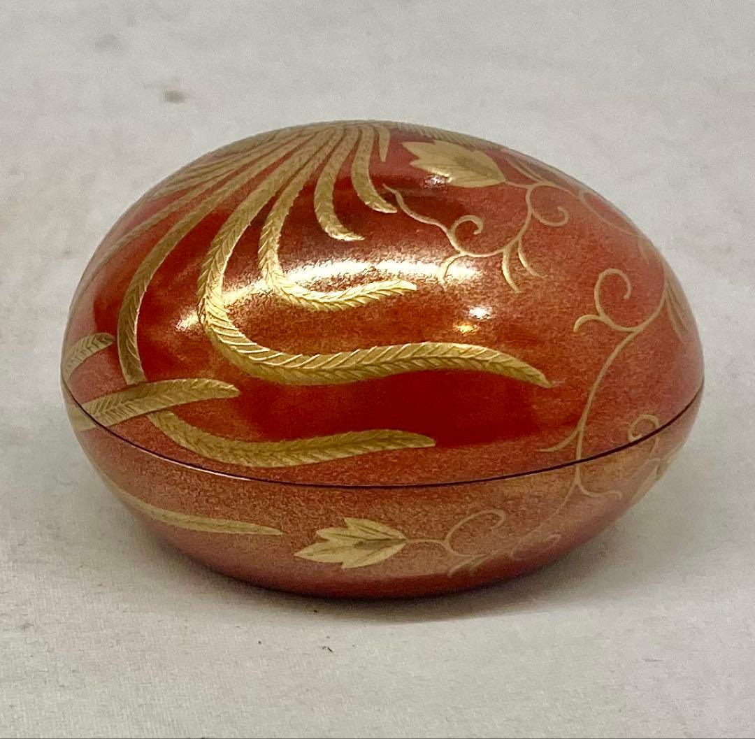 B553b「鳳凰 香合」他喜翁作　共箱　朱漆塗　金蒔絵　金梨地　畦地他喜男