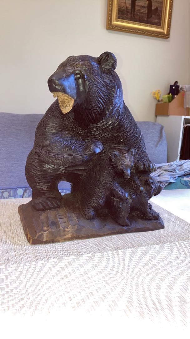 木製 クマと子クマの彫刻 約30cm
