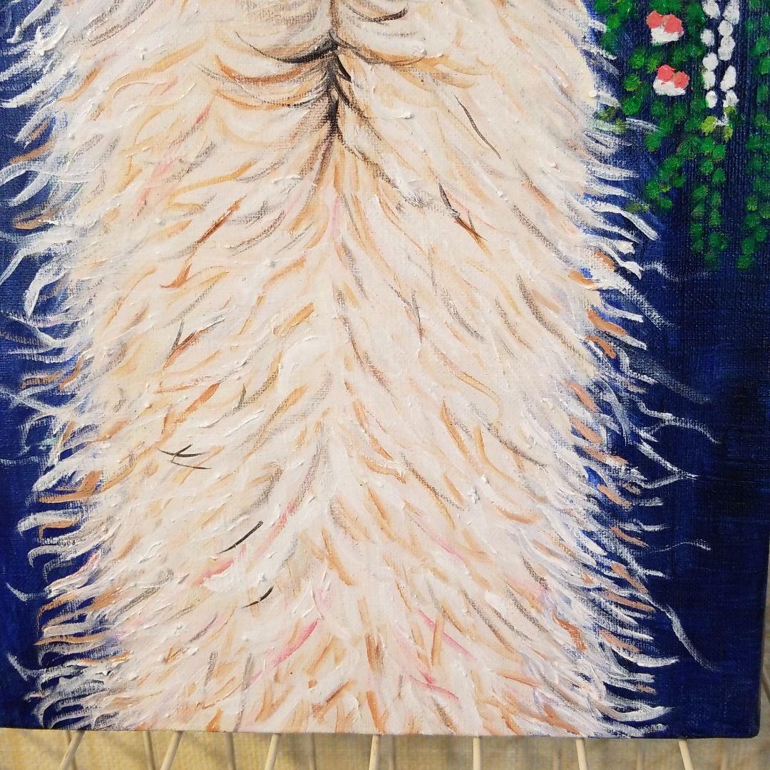 油絵　頭に花をのせたラマ