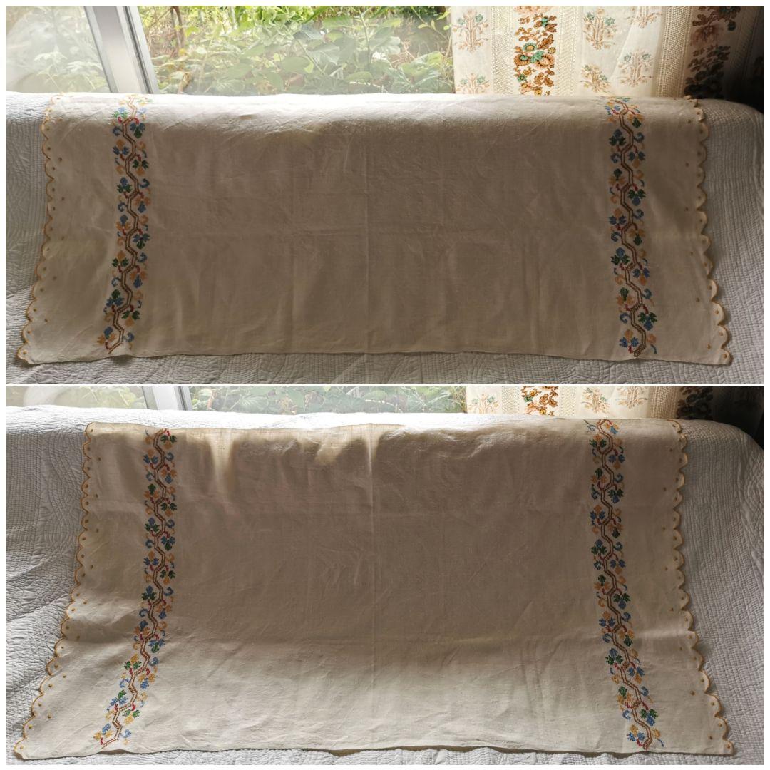 アンティーク イタリア ホームスパンリネン クロスステッチ刺繍 スカラップクロス