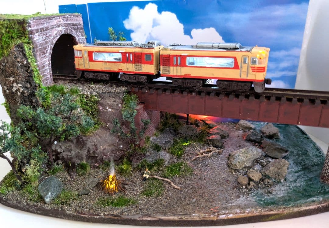 Nゲージ・ミニジオラマ　夏の旅〜渓流を渡る【商談品】