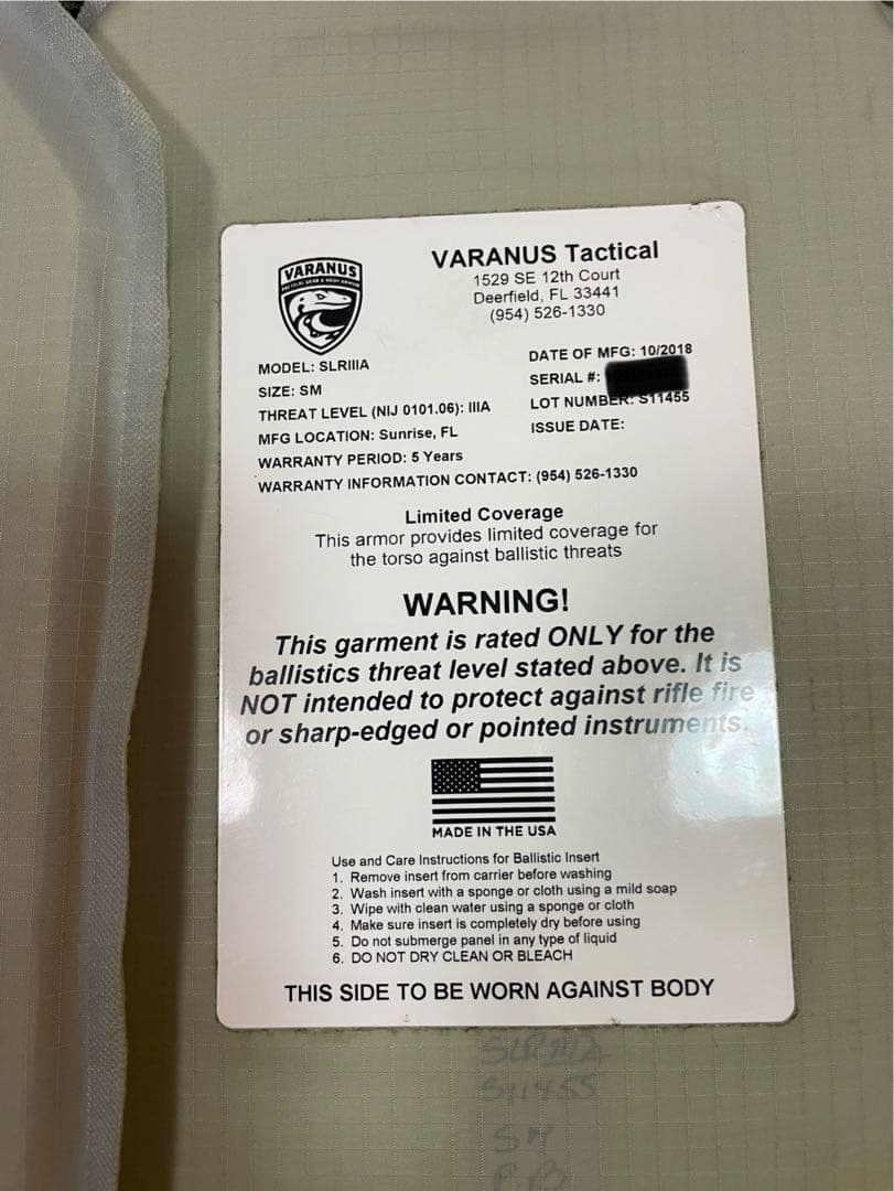 実物 VARANUS Tactical ソフトアーマー プレート米国製 M132