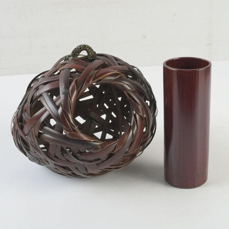 茶道具　竹峰造　古竹細工　鳳尾竹　掛花籠　竹籠　共箱　V　9784