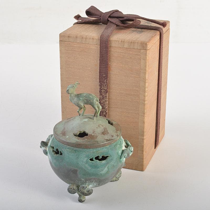 平安　秦蔵六造　青銅　鹿摘　霊芝三つ足香炉　共箱　M　R7402