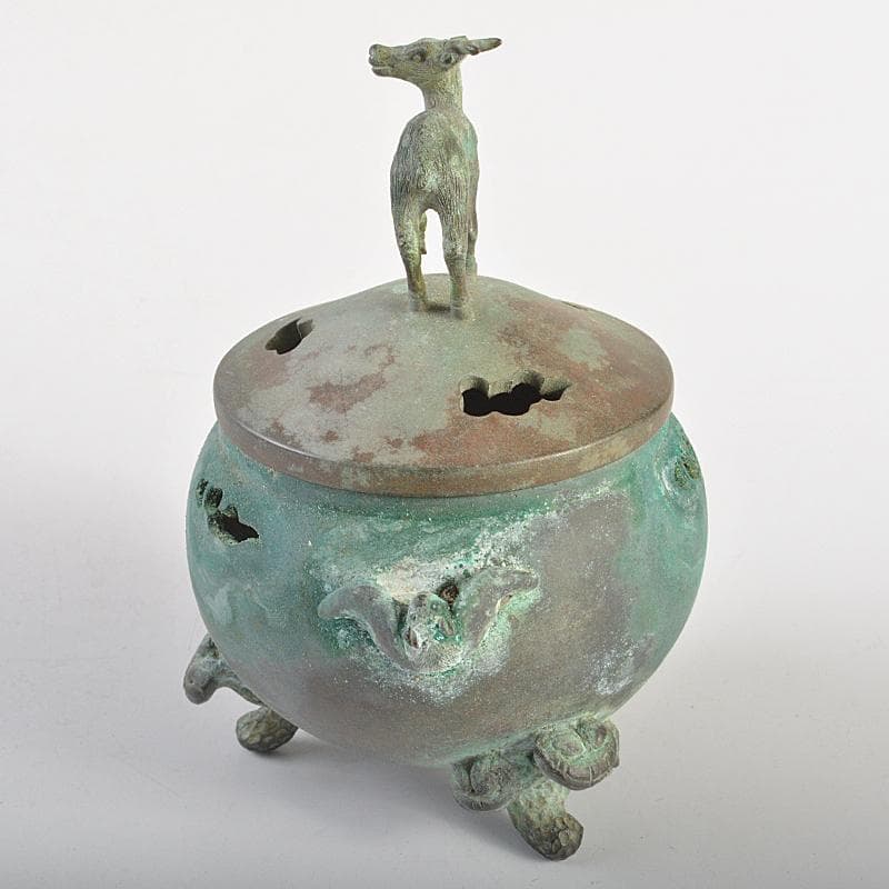 平安　秦蔵六造　青銅　鹿摘　霊芝三つ足香炉　共箱　M　R7402